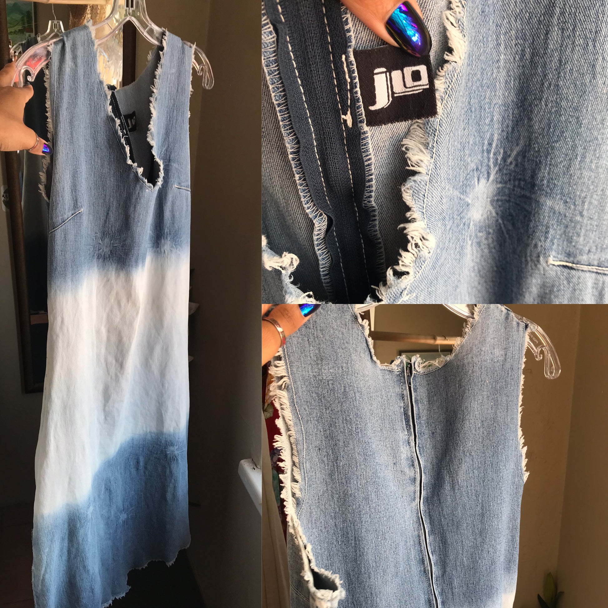 JLo retro denim dip dye maxi dress sleeveless fray ,,, L /xl