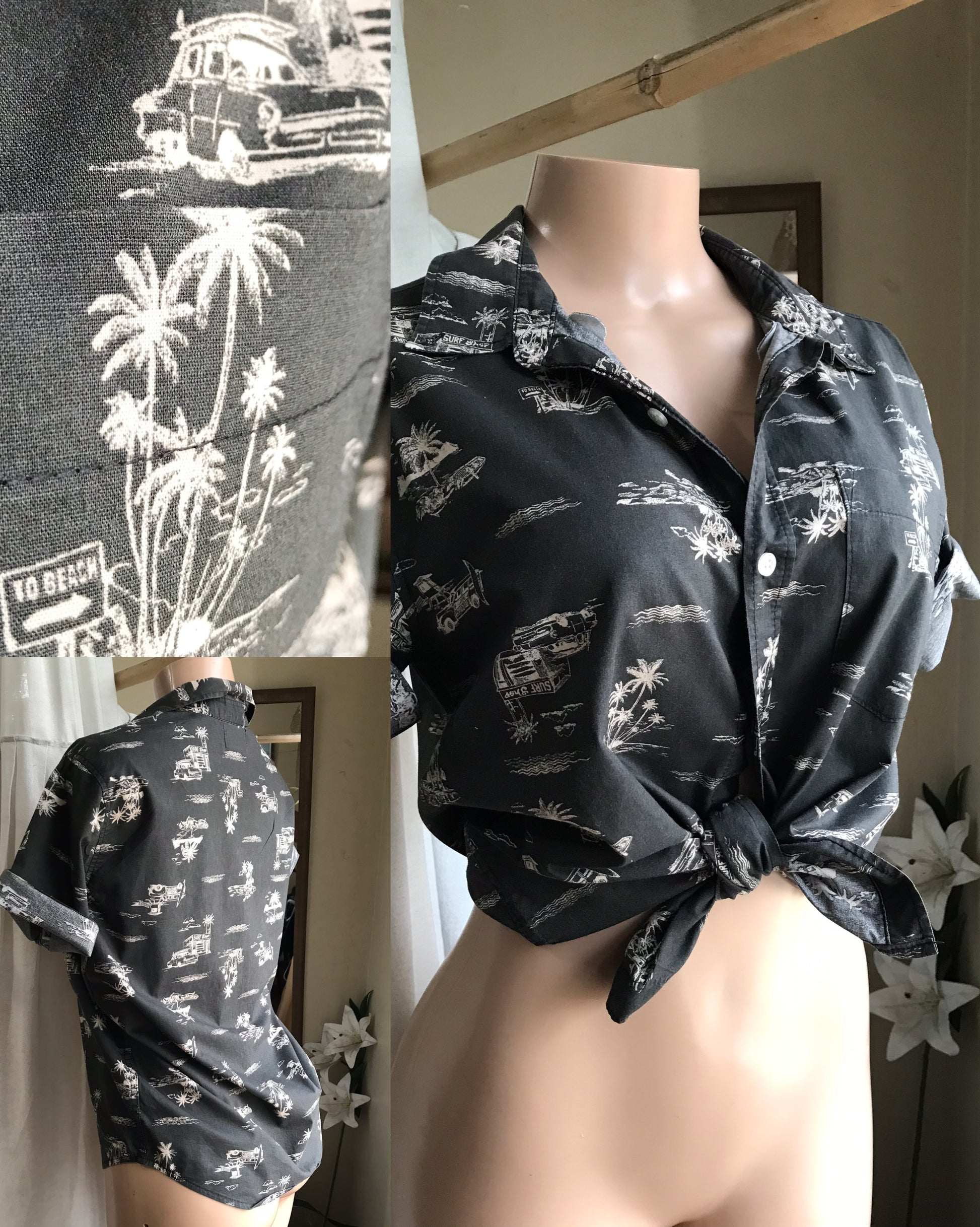 vintage old navy cotton blend surf shop graphic button shirt charcoal ... mens s