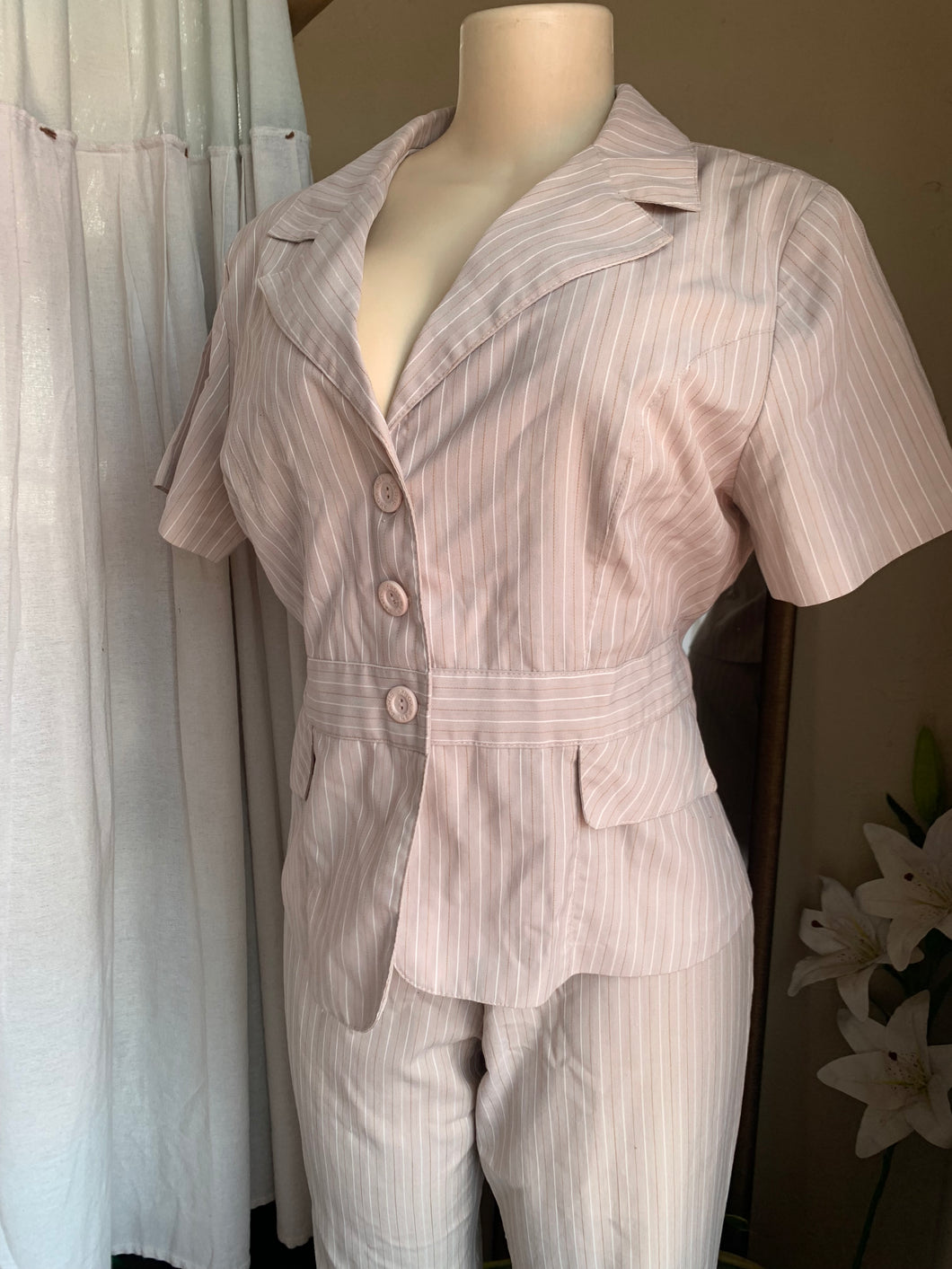 Beige pin stripe suit top (1/2 of set) says L …