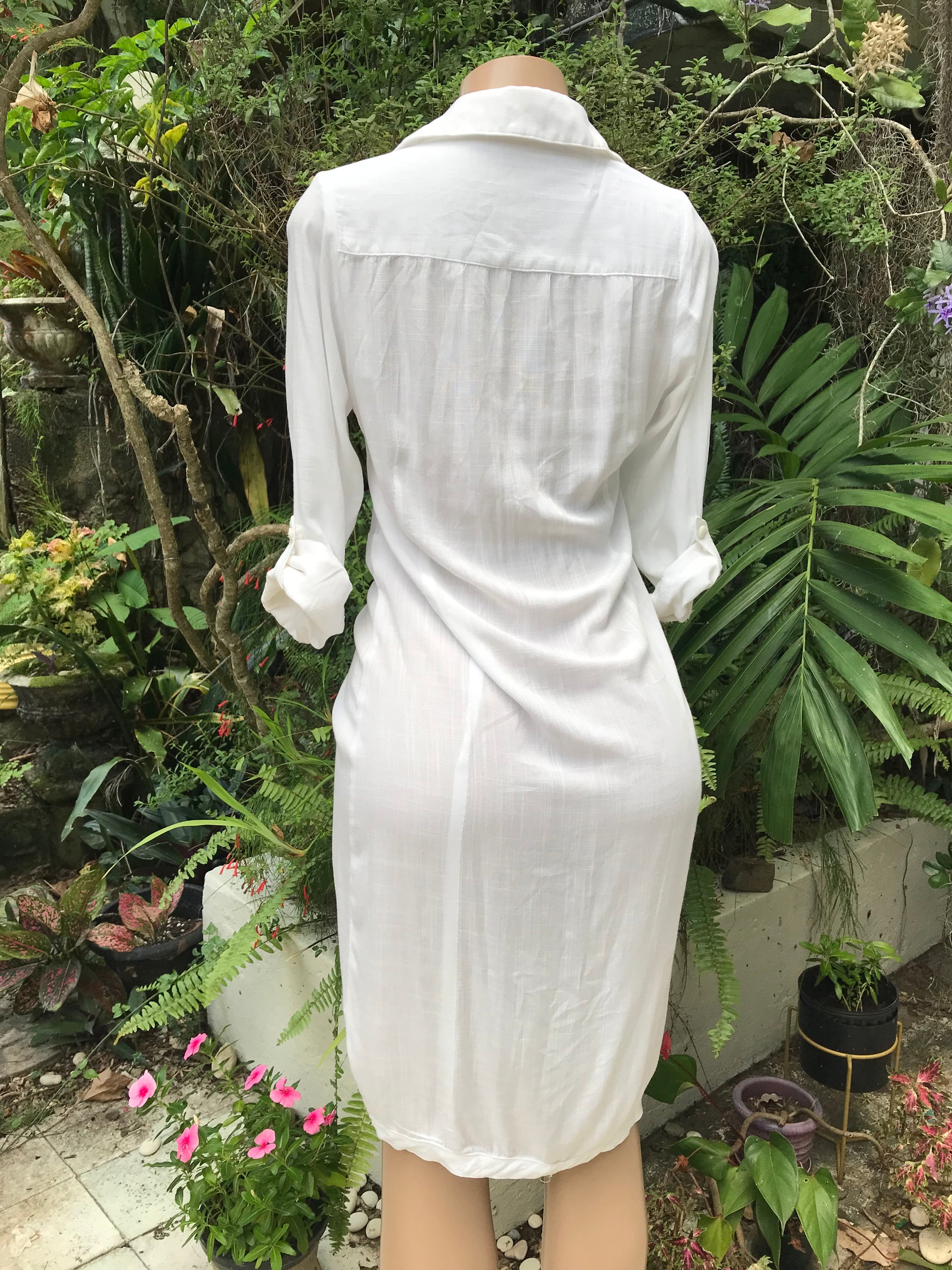 White Rayon Button Ruche Shirt Dress Cuffed . S to M