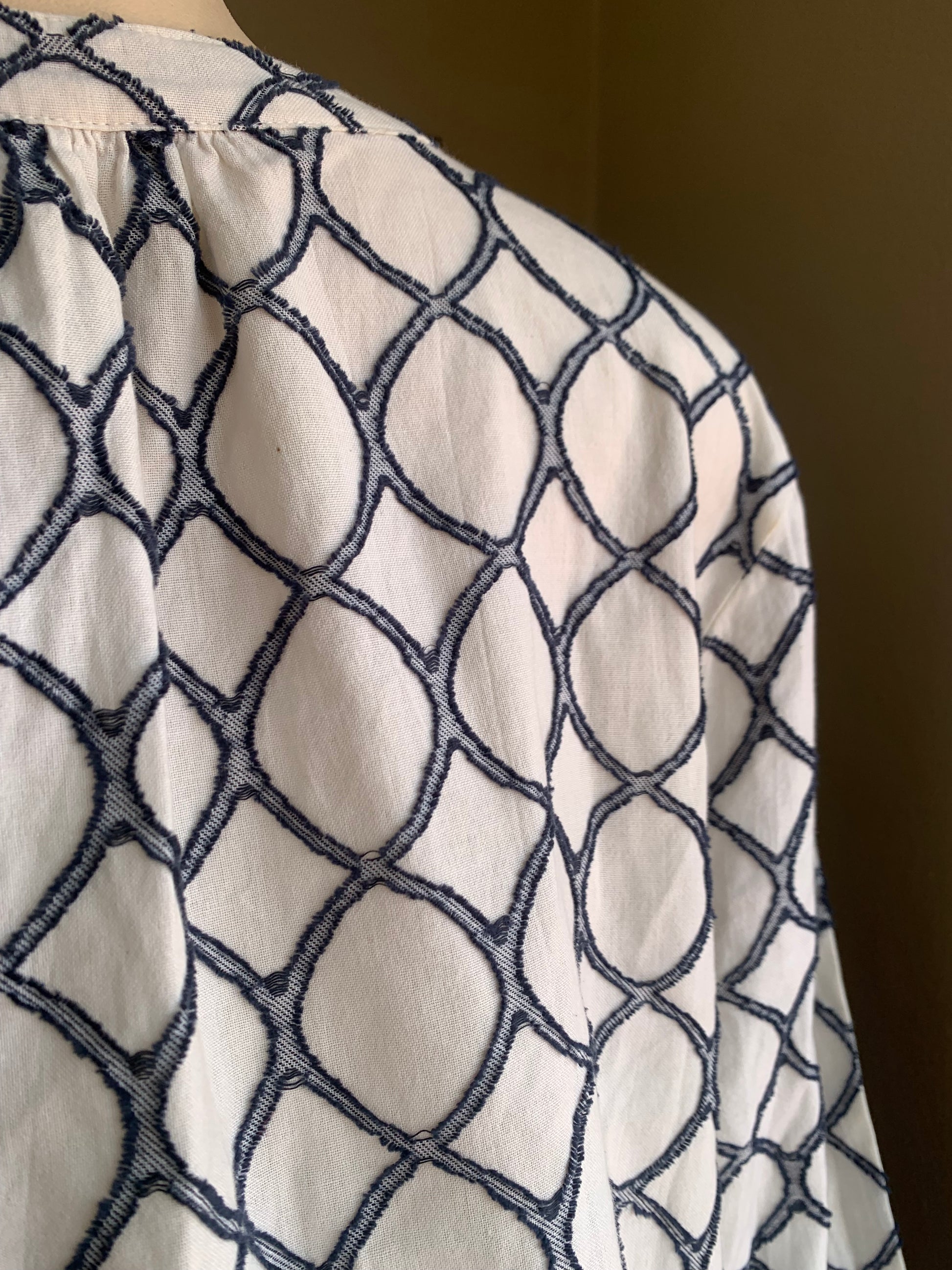 Retro Cotton navy patterned long sleeve blouse … L / XL,,,