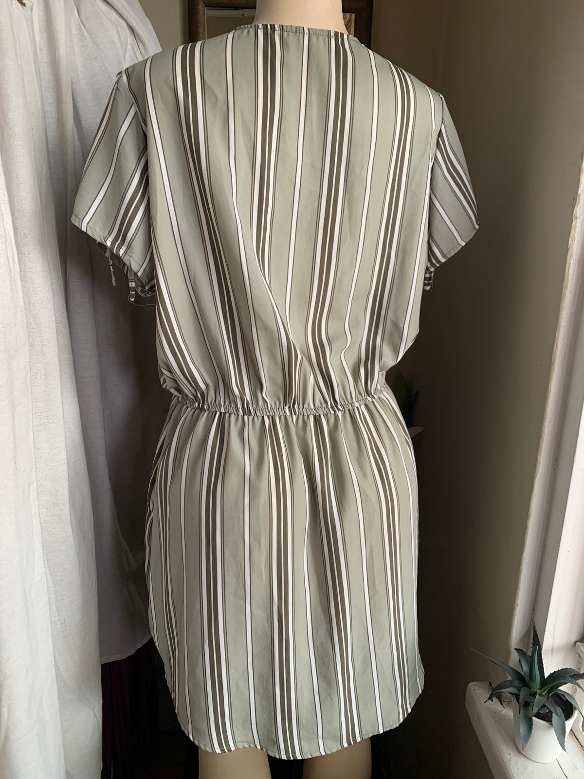 Sage green striped zip Shirt-Dress dress with elastic waistband XL