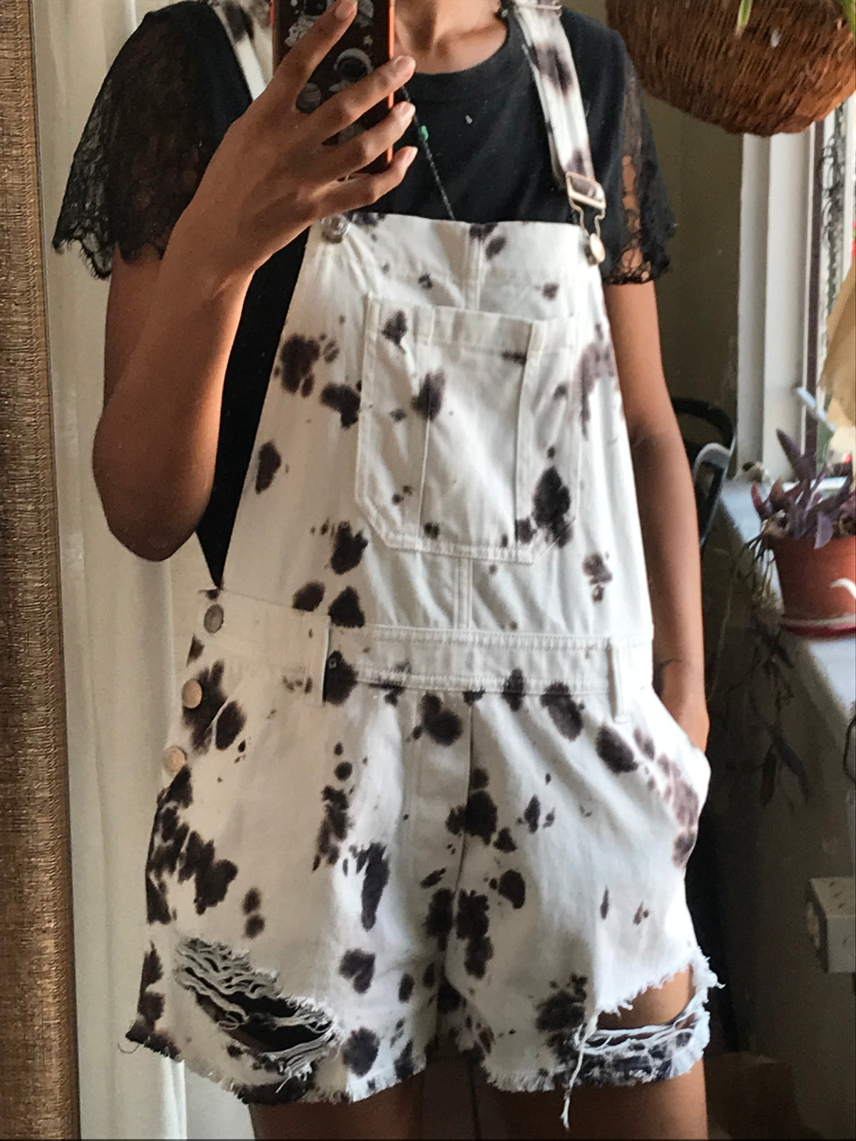 F21 Cow print denim overalls white ~~~M ,,,