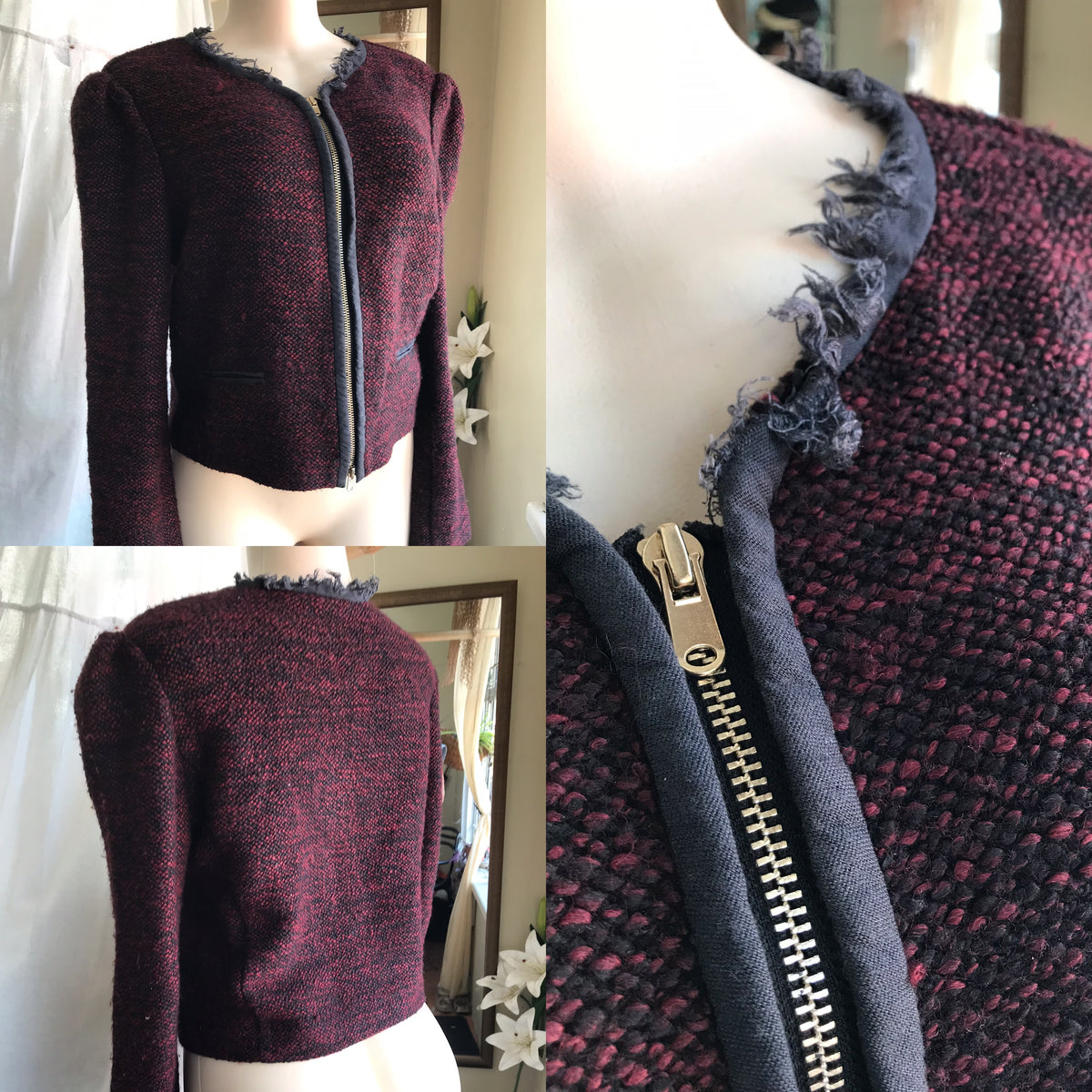 burgundy wool jacket zip professional preppy >>> m
