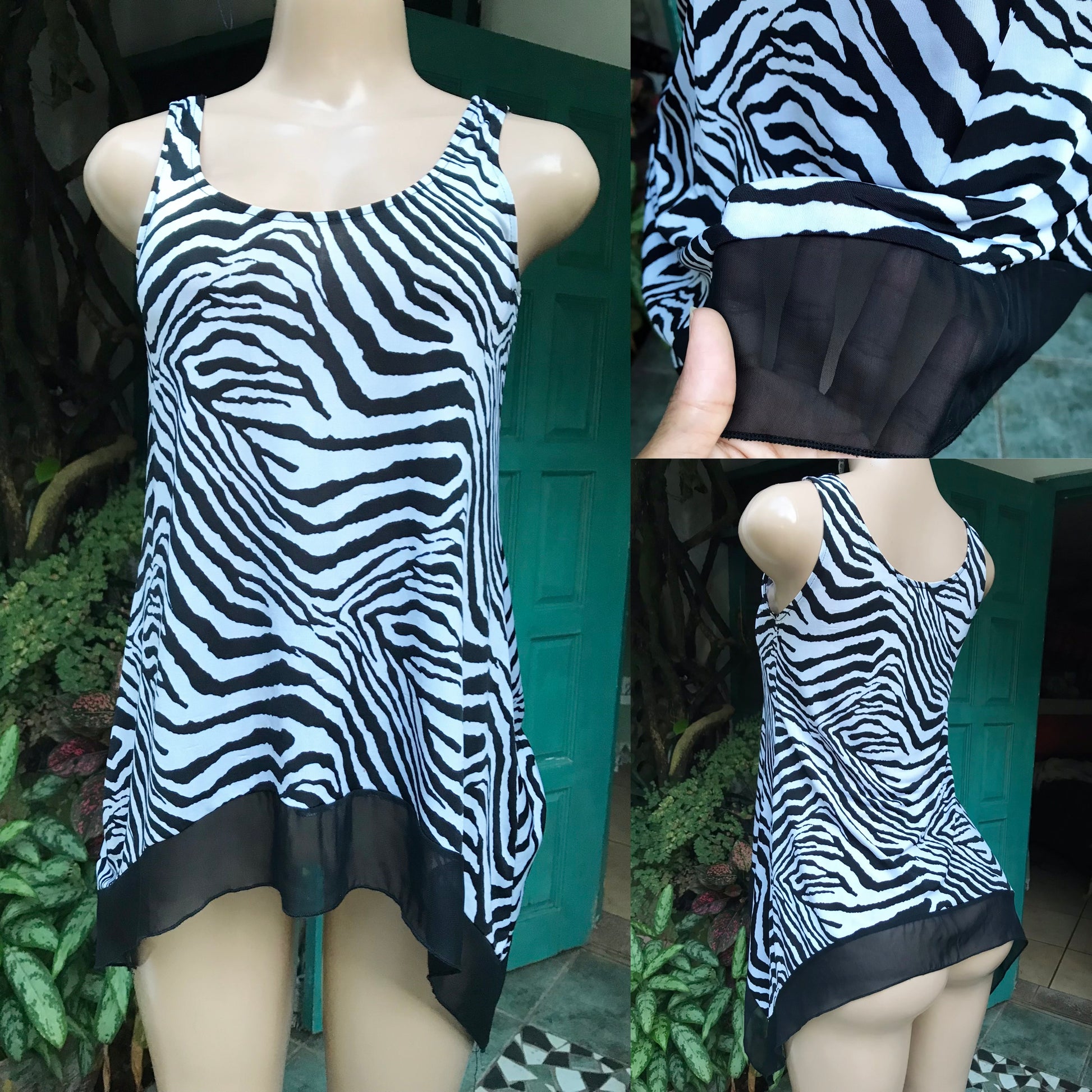 Zebra Stripe Sleeveless blouse sheer trim work/play ... S/M