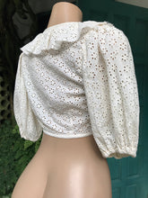 Load image into Gallery viewer, cream organic eyelet puff sleeve tied crop top ... S to M ,,,
