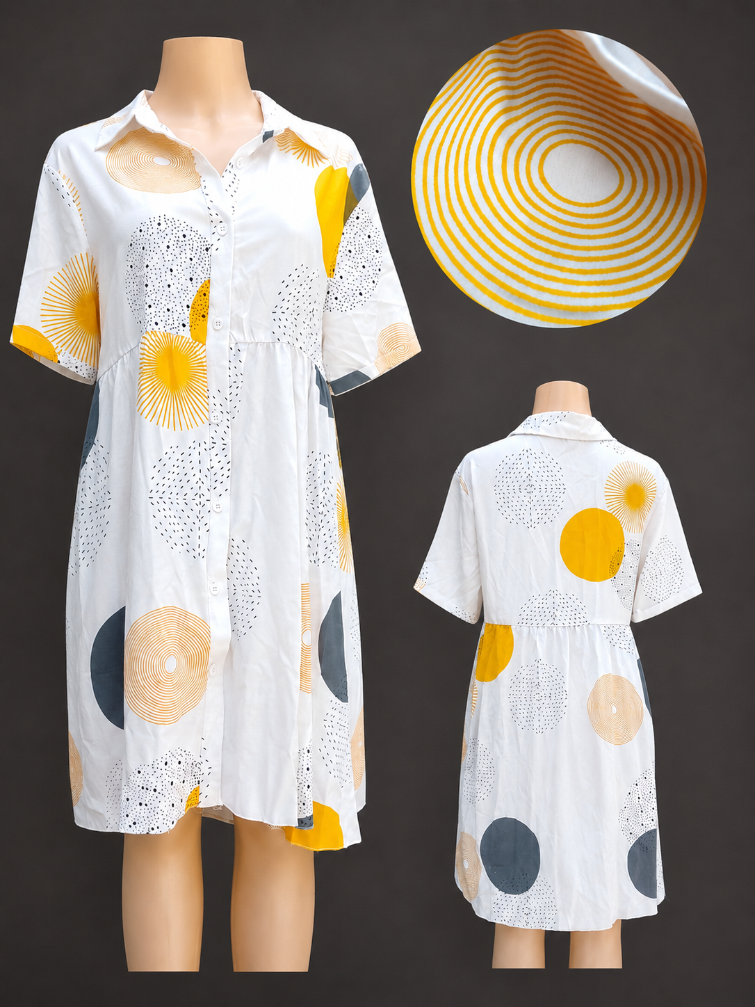 white yellow grey printed shirtdress . M (easily fits Large)