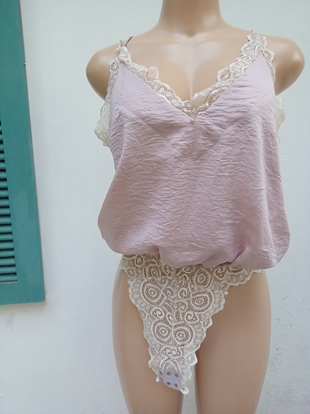 Lavender silky lace detail bodysuit spaghetti slip top ... s