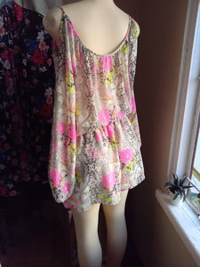 Neon sheer print romper cold shoulder pockets ~~~ L lll