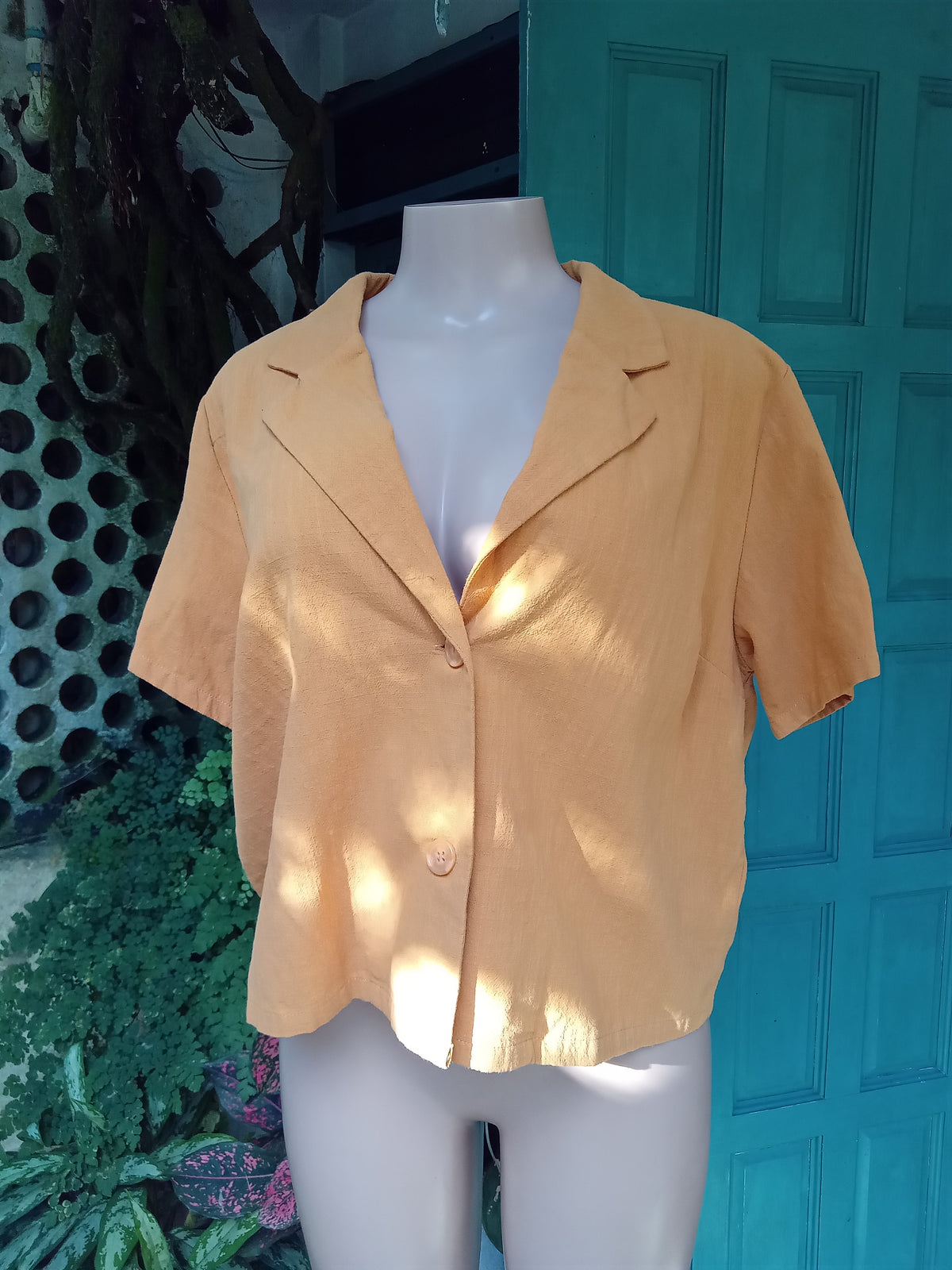F21 Mustard organic short sleeve professional jacket / button blouse... L ,,,