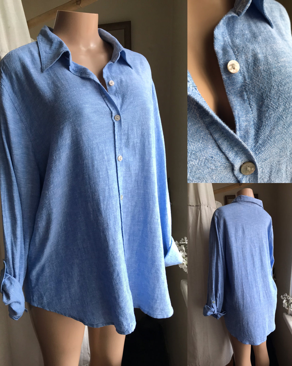 blue linen blend button long sleeve shirt ... plus /XL ,,,
