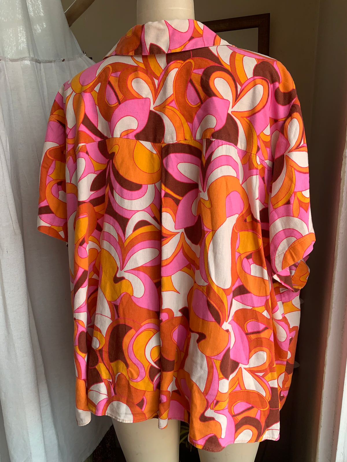 Retro print orange+pink organic button up blouse … (/xl) : 4x ,,,