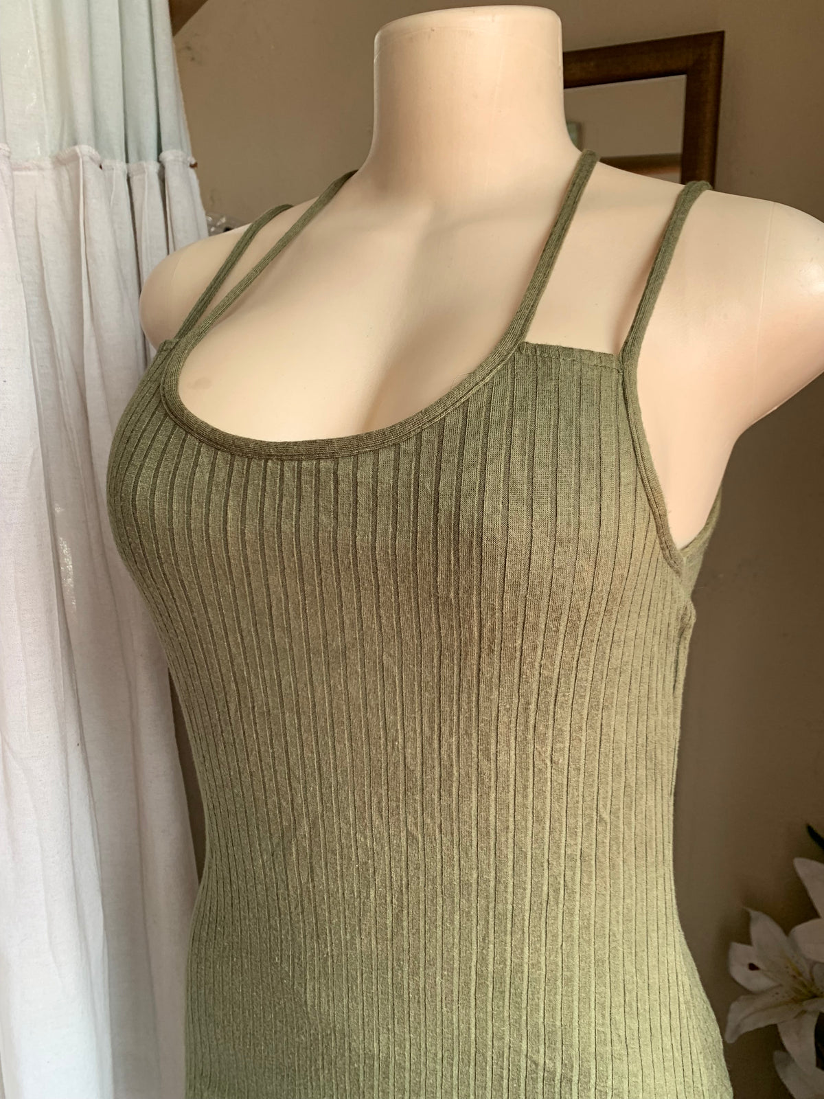 Ribbed Olive ribbed bodycon dress spaghetti L