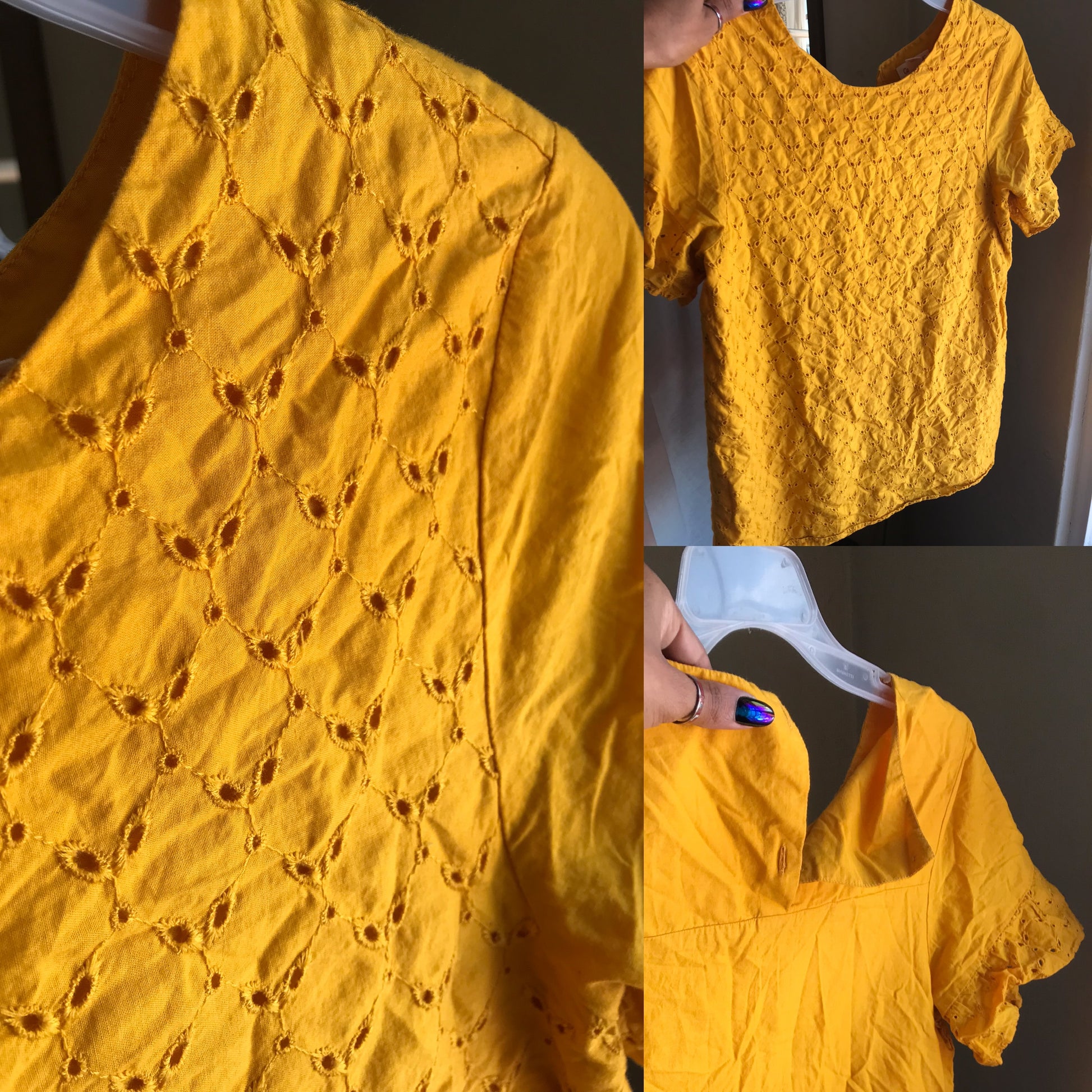 100% cotton mustard eyelet short sleeve blouse ... s ,,,