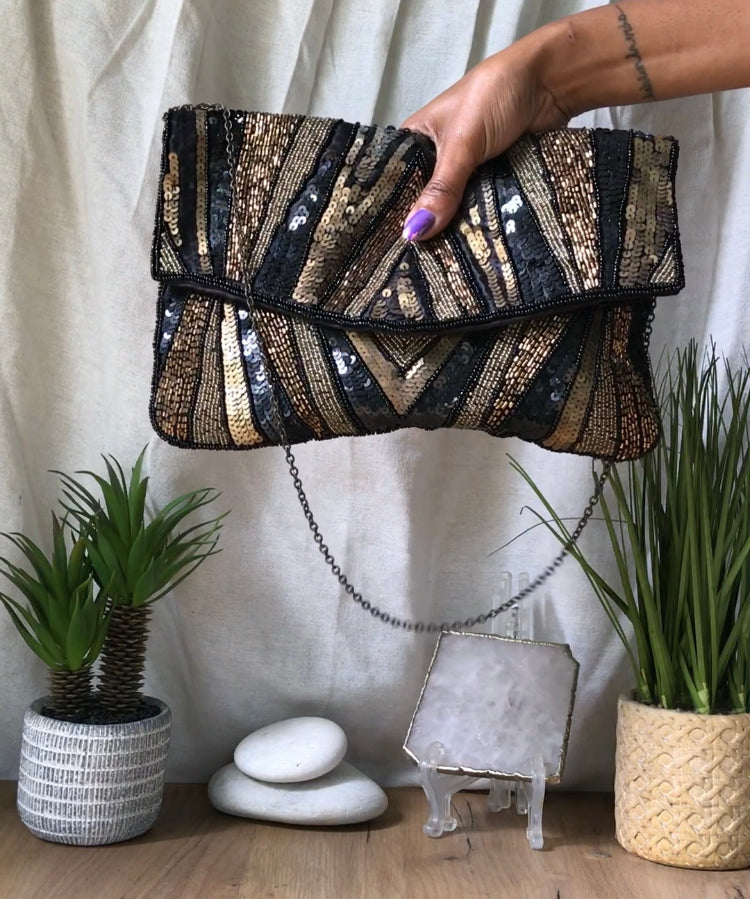 vintage sequin envelope shoulder bag ^^^ black brown ***