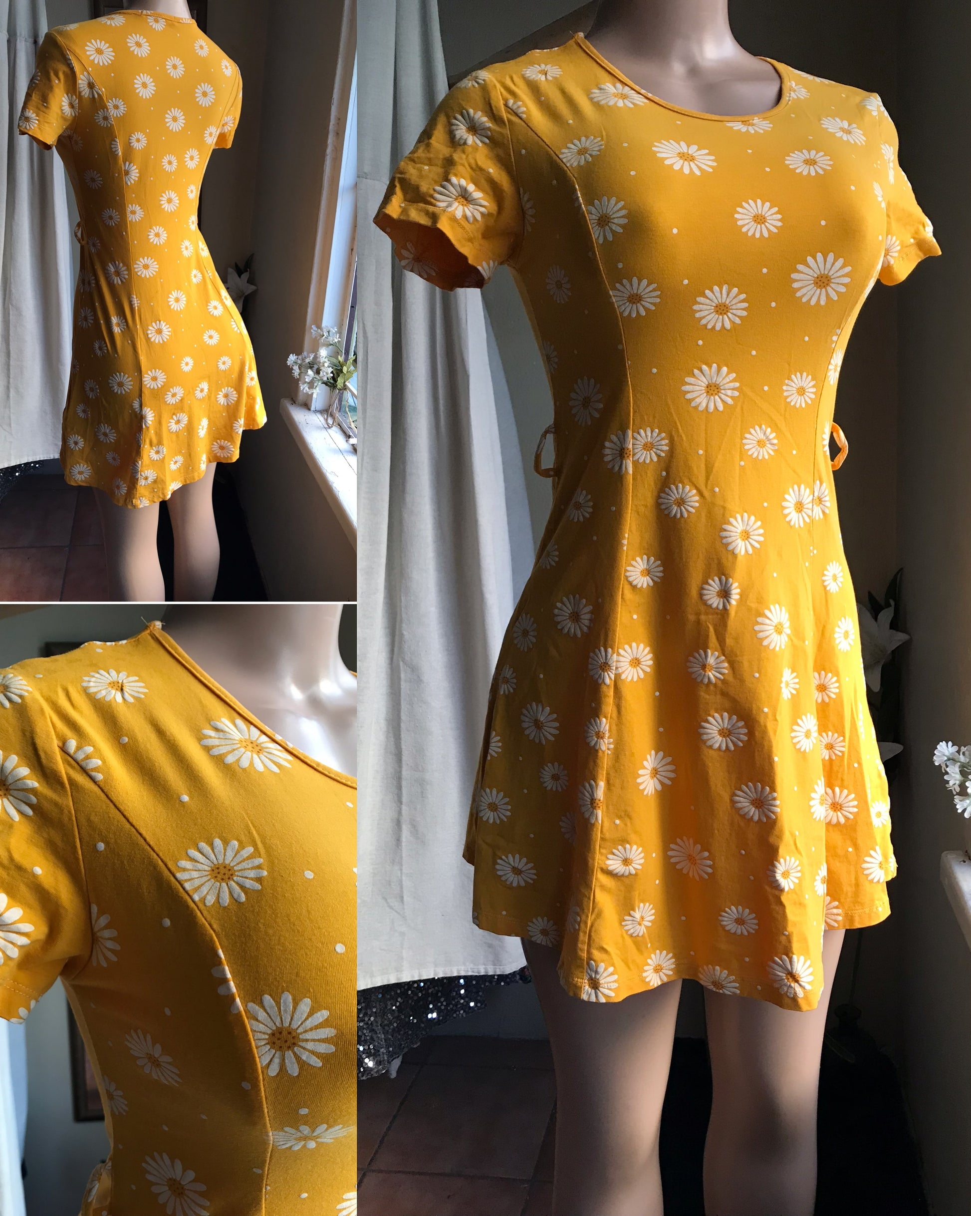 mustard yellow daisy babydoll mini tee dress . s