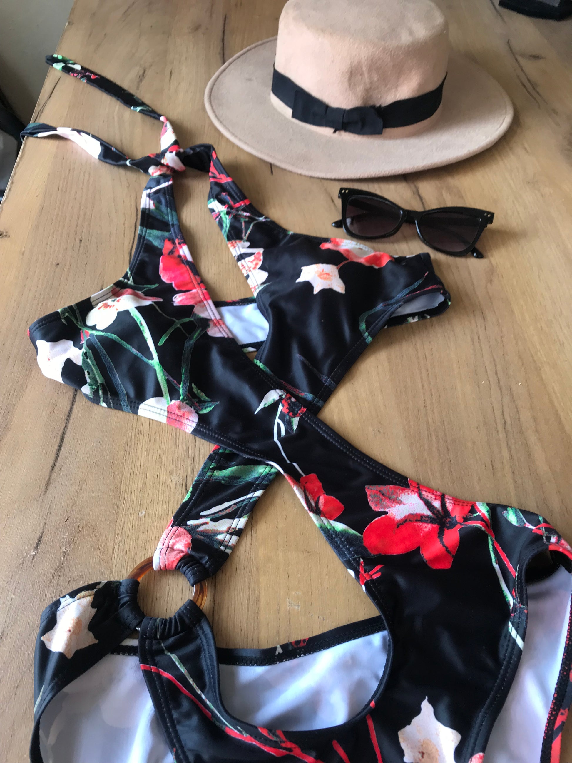 black floral cutout one piece swim suit