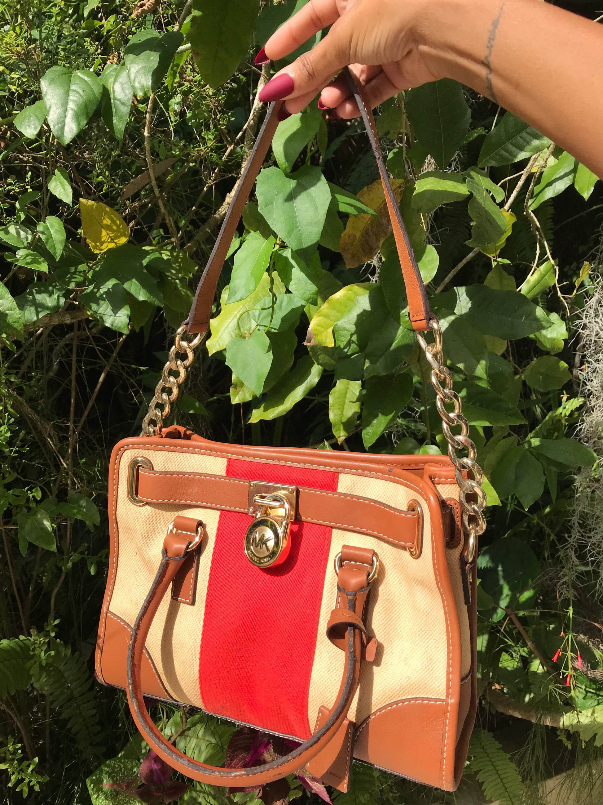 Michael Kors canvas and leather hand bag red and cream