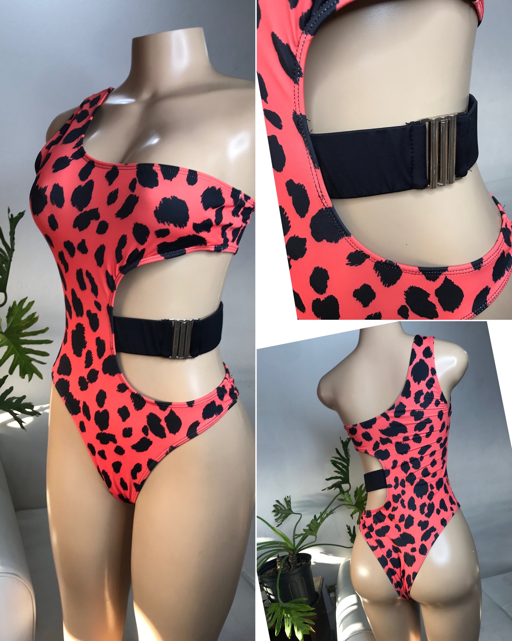 Red cheetah buckle one piece swim. S
