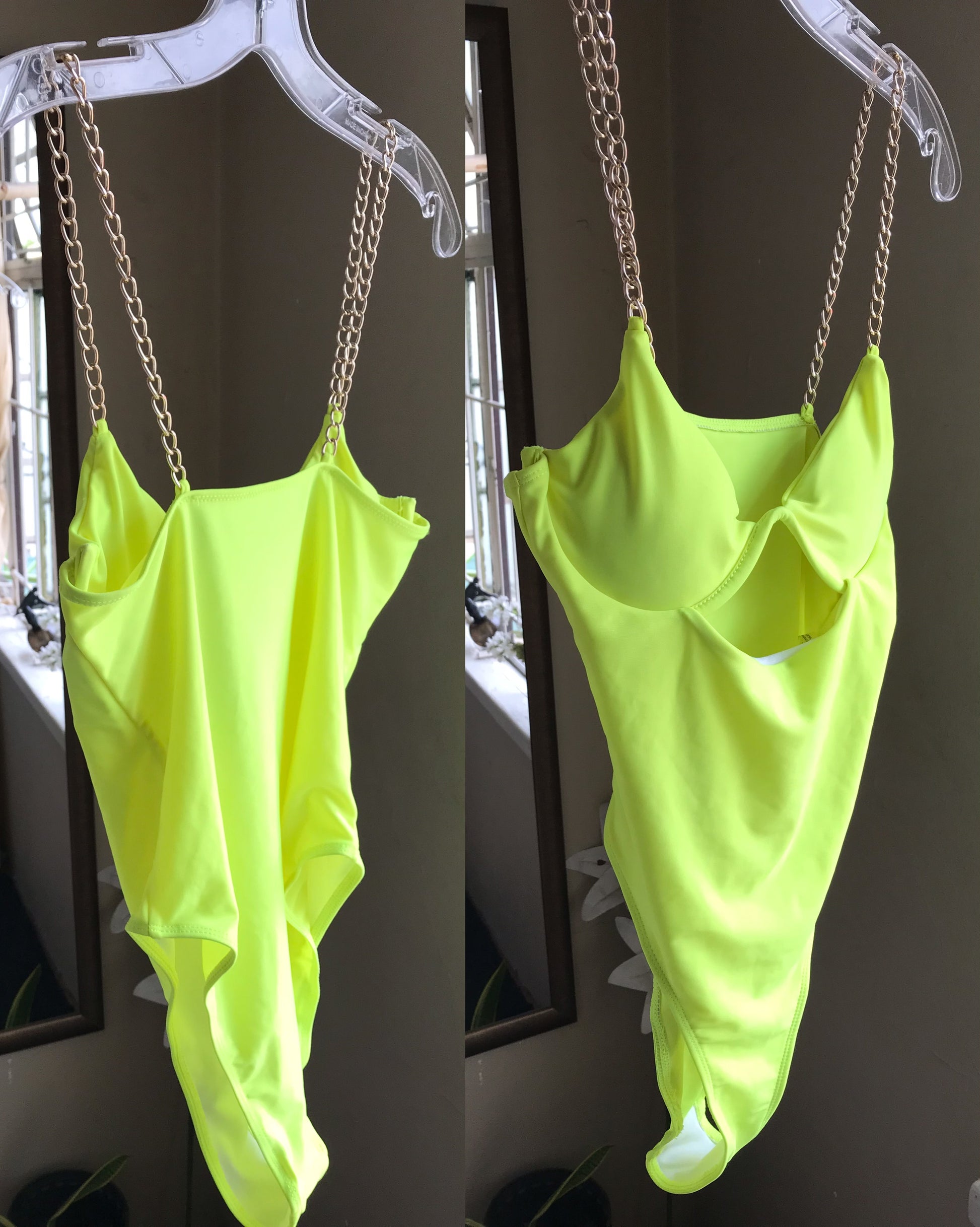 neon one piece swim suit gold chain straps . s