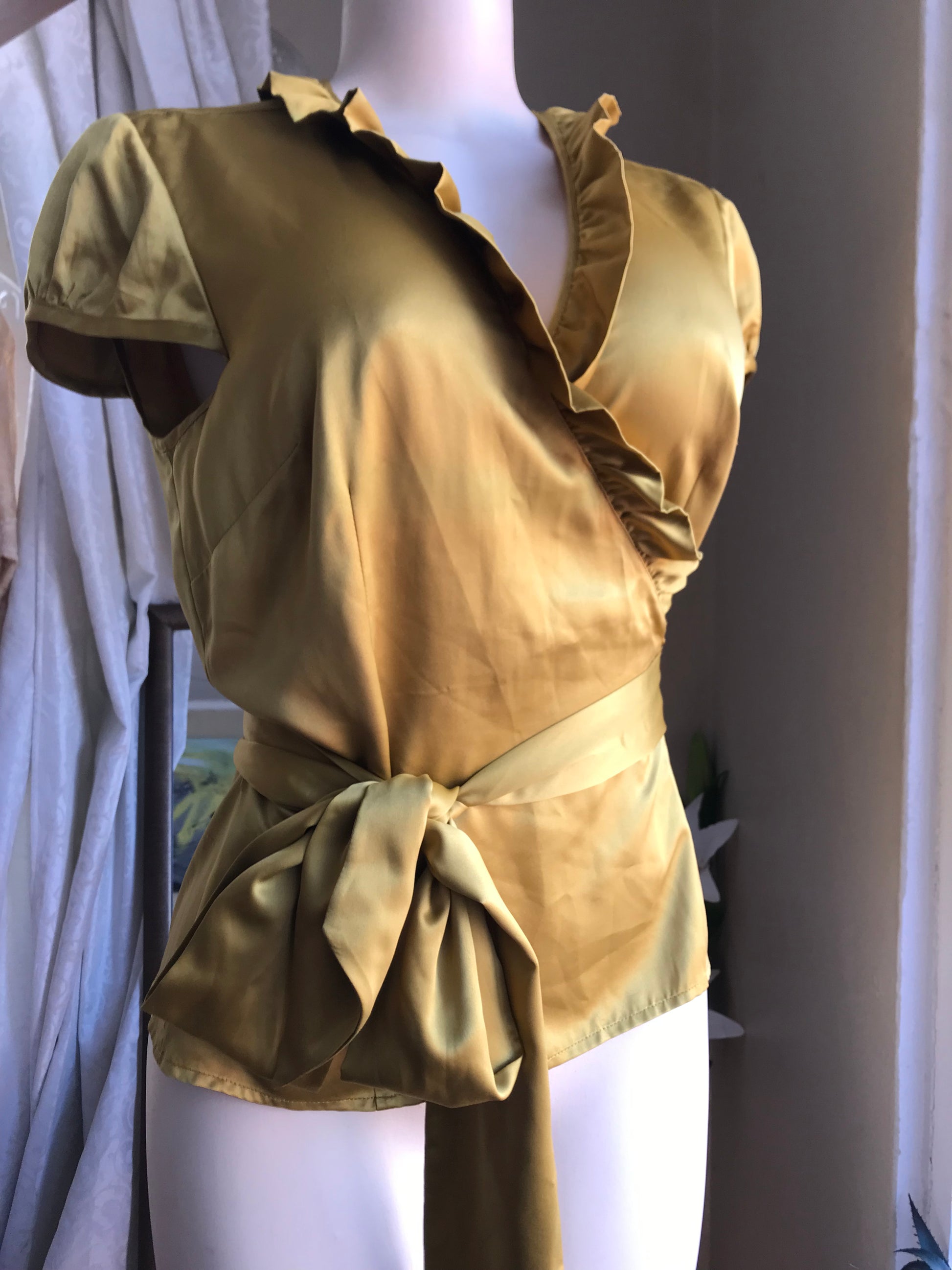 Ann Taylor gold silky professional wrap blouse frill... M