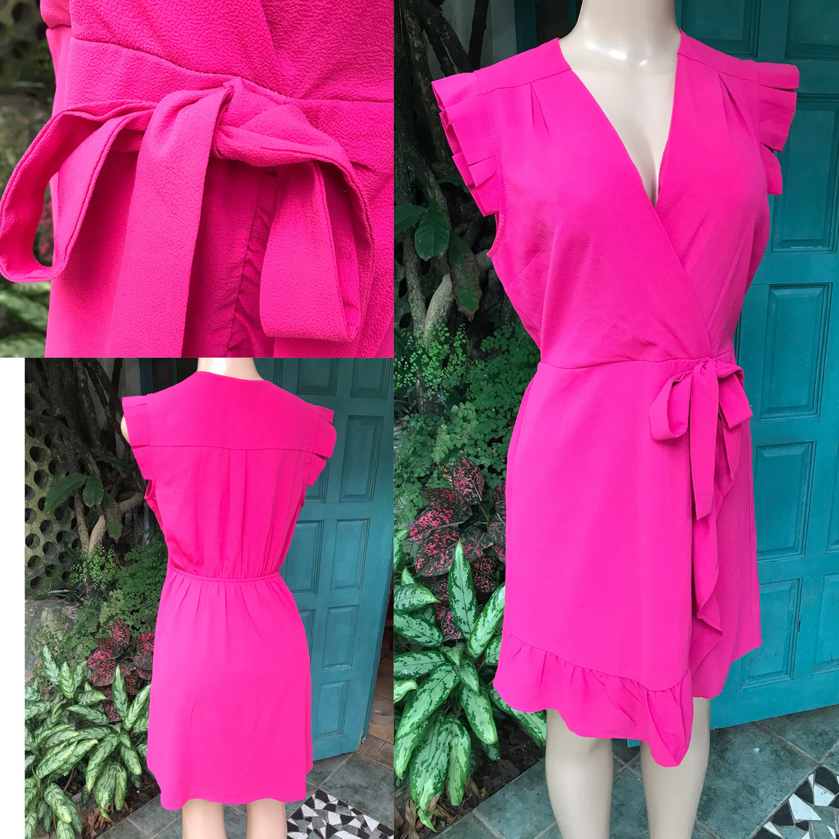 Pink wrap style Ruffle dress tied L-/XL