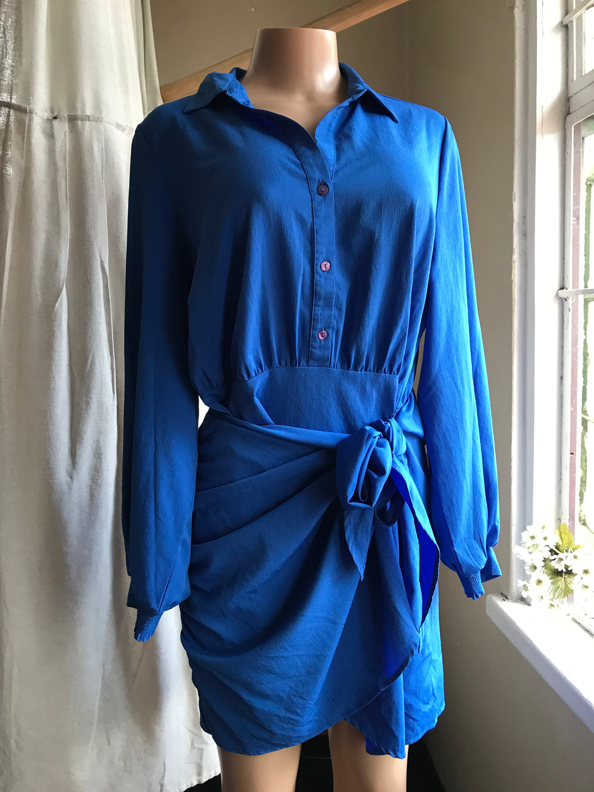 blue wrap shirt dress  L/xl