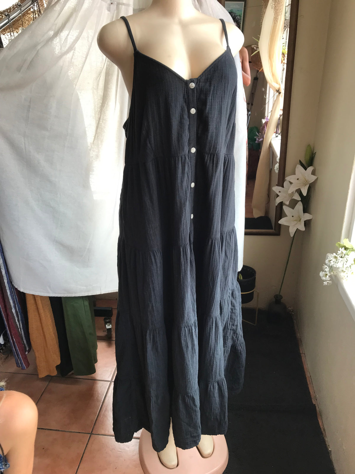 universal threads cotton black button down maxi dress spaghetti  /xl:2x