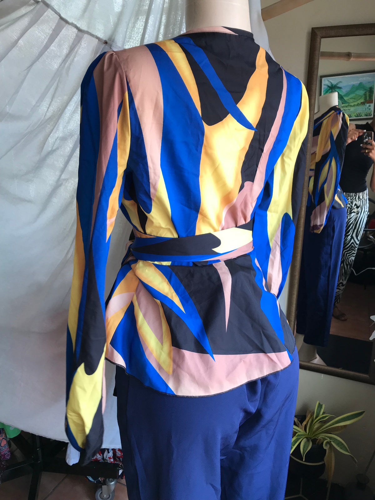 blue multi print wrap professional blouse ... s/m