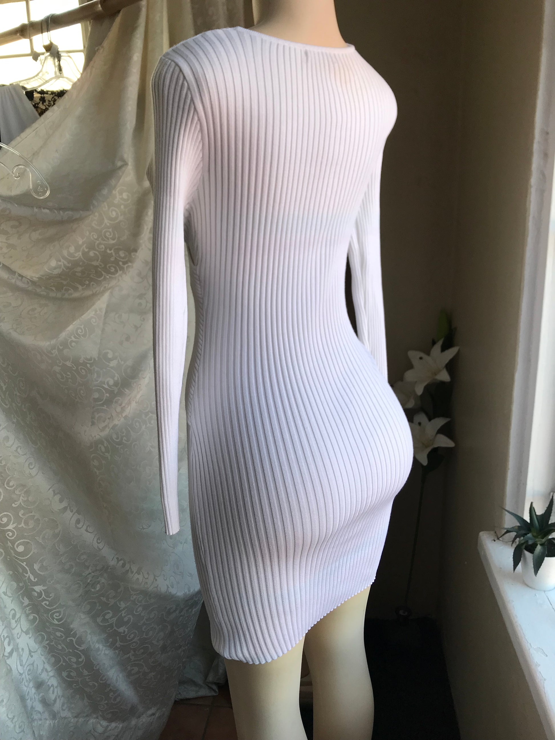 Charlotte Russe white ribbed long sleeve dress bodycon criss cross . M