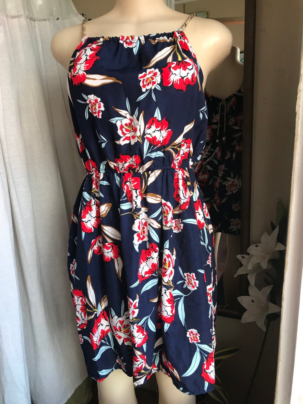 Navy blue with red floral print Sun dress s/m