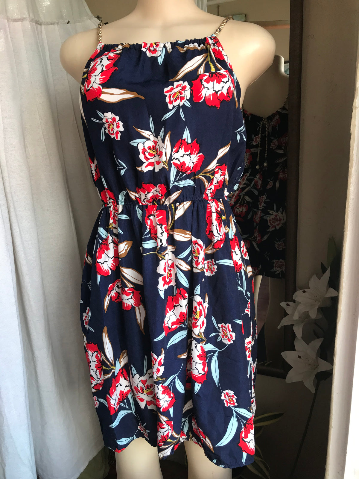 Navy blue with red floral print Sun dress s/m