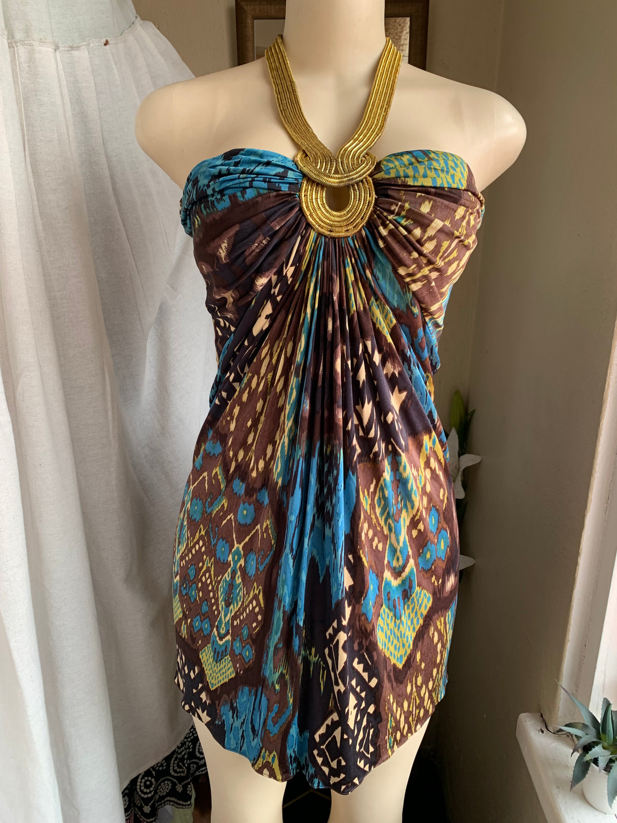 Gold metal detail halter mini dress or top M