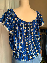 Load image into Gallery viewer, Blue tribal print off the shoulder blouse … s/M
