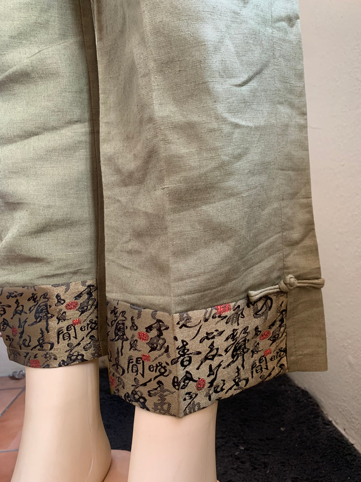 Cotton olive green straight leg pants oriental detail ankles ::: L,,,