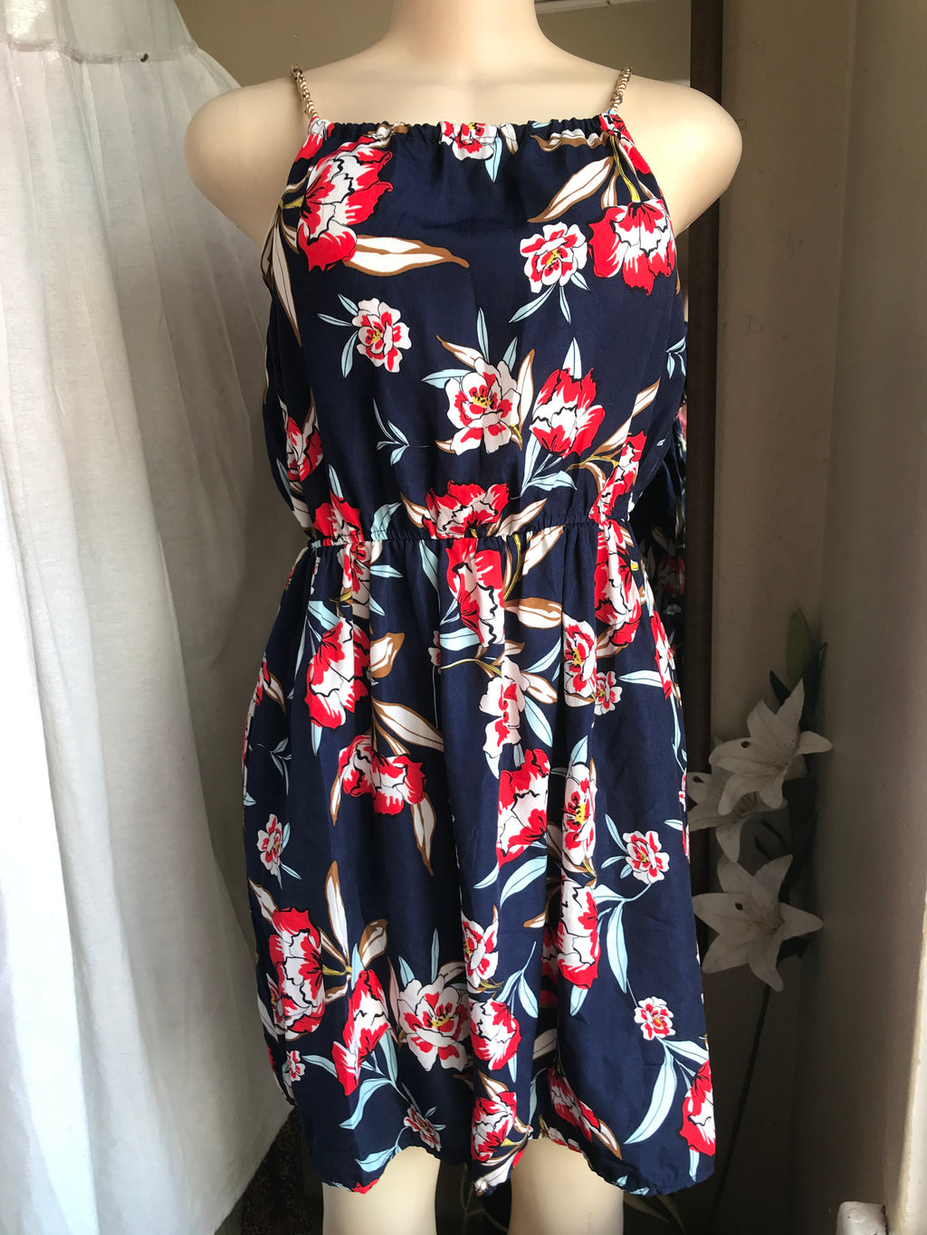 Navy blue with red floral print Sun dress s/m
