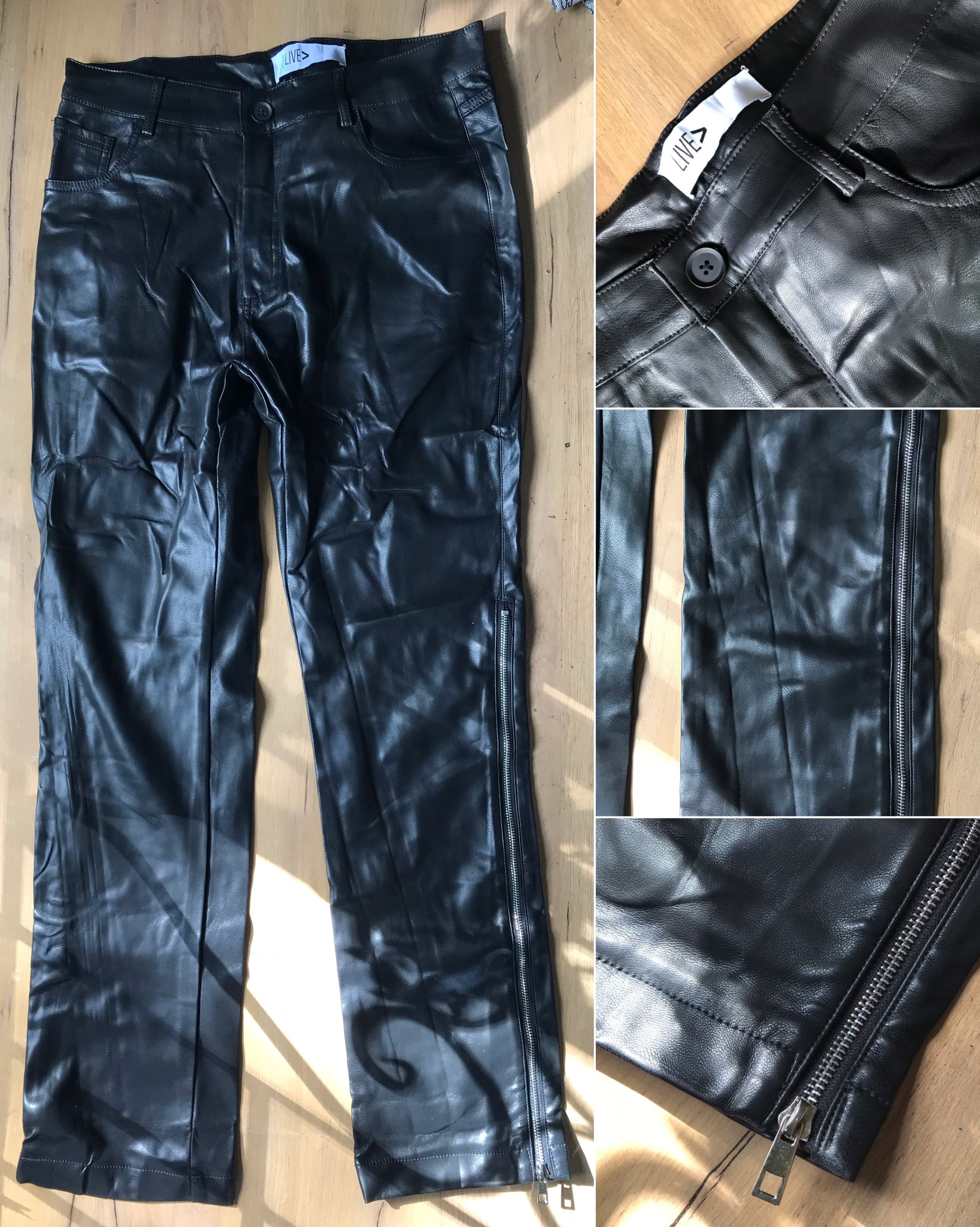 unworn Black leatherette pants ::: L ,,, 100% cotton