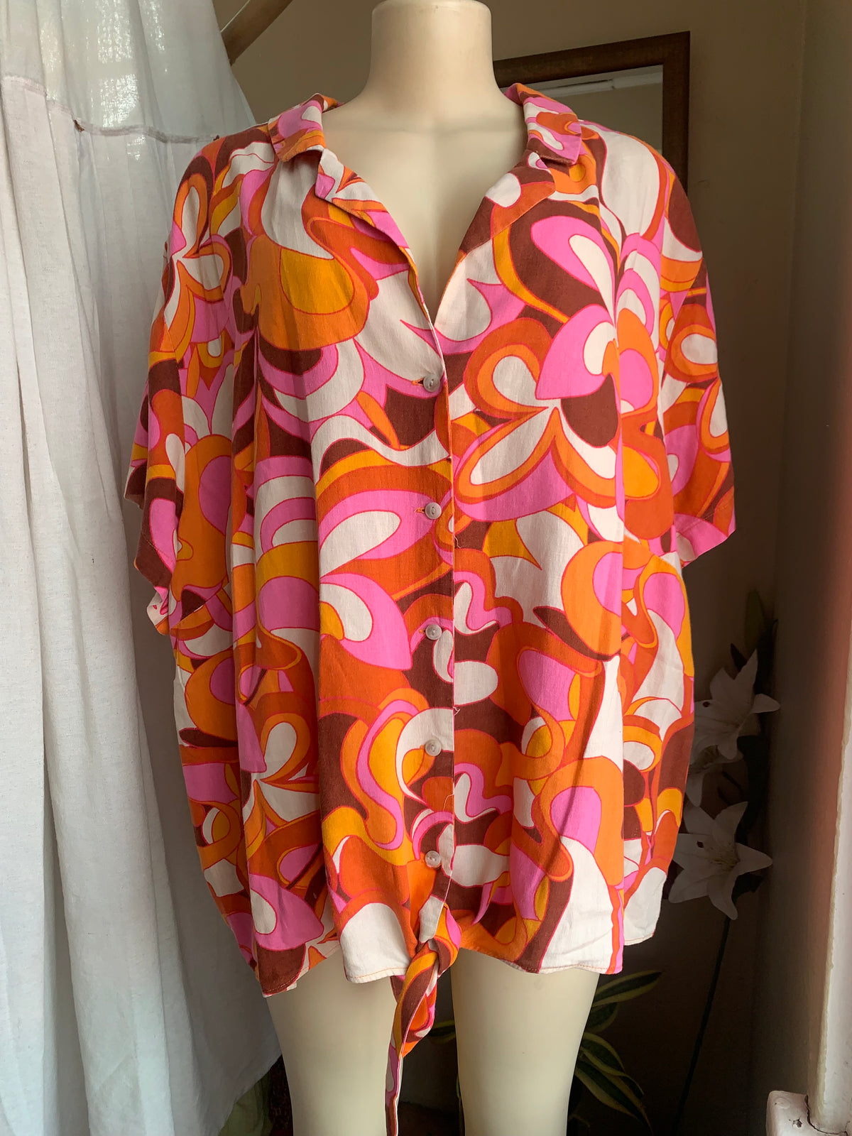 Retro print orange+pink organic button up blouse … (/xl) : 4x ,,,