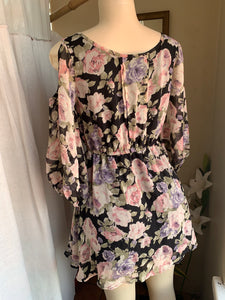 Cold shoulder floral black dress sheer L