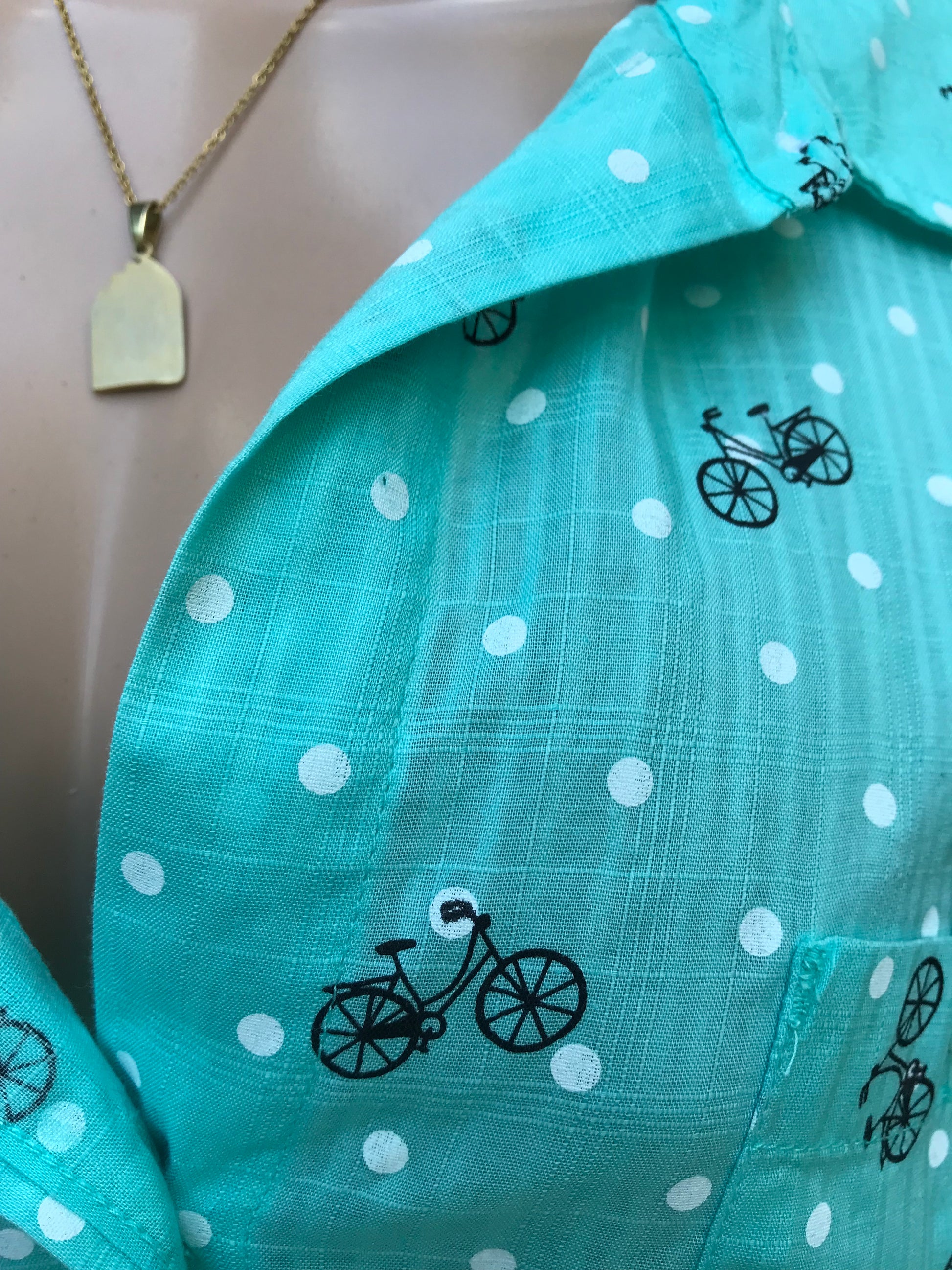 Retro Bicycle Print Teal Button Shirt ^^^ Plus/XL ... 100% Cotton ,,,