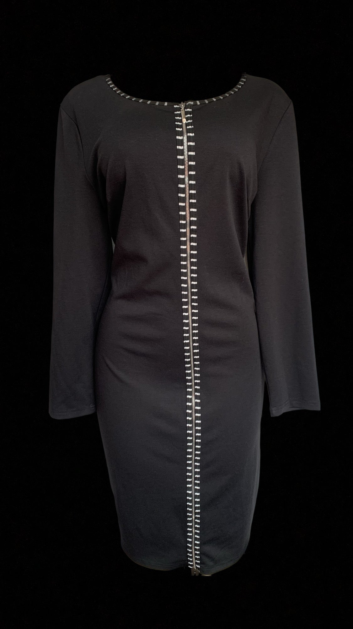 Black long sleeve professional dress with black and white zip center detail lll