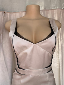 White satin mini dress with black lace trim /Mlll