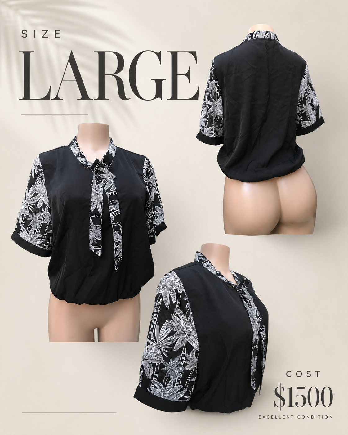 palm print neck tie black white block top ... Large