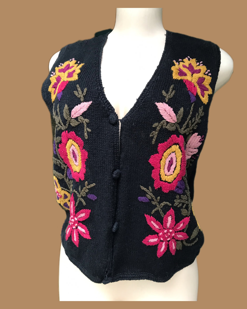 vintage black knit vest flower embroidery ^^^ M to L