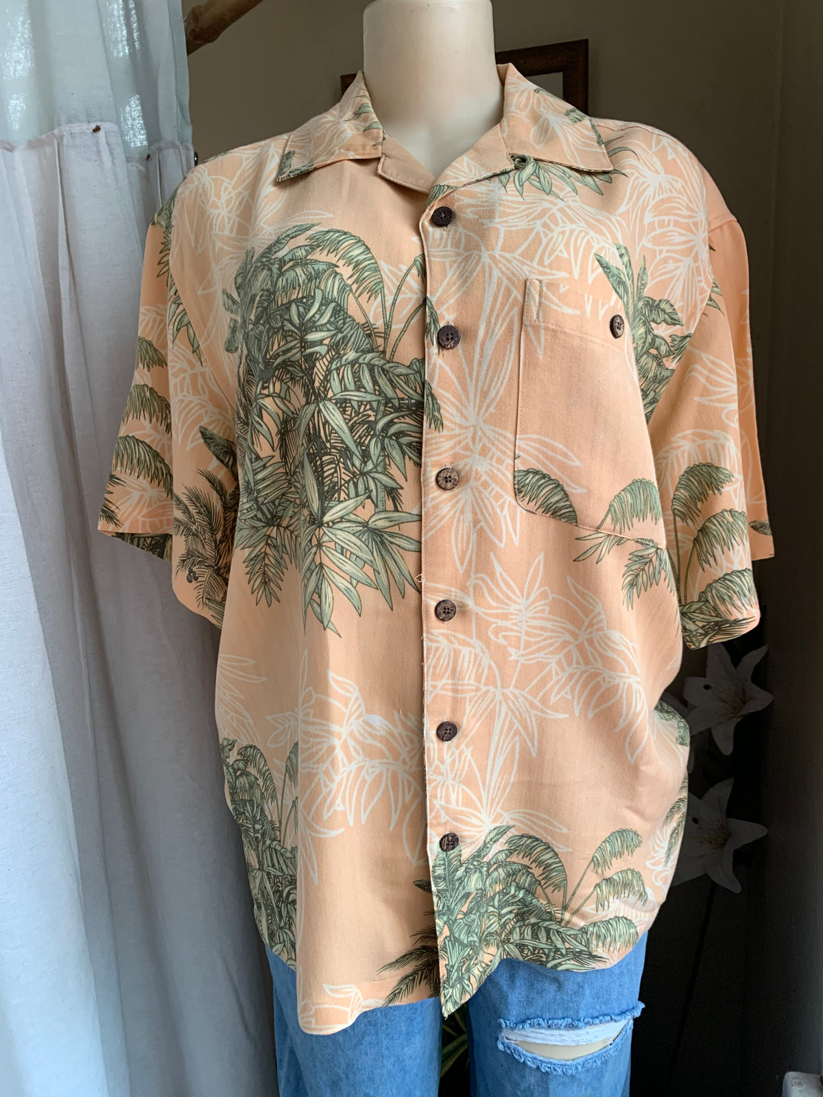 vintage Palm tree pattern peach button down shirt … M ^^^