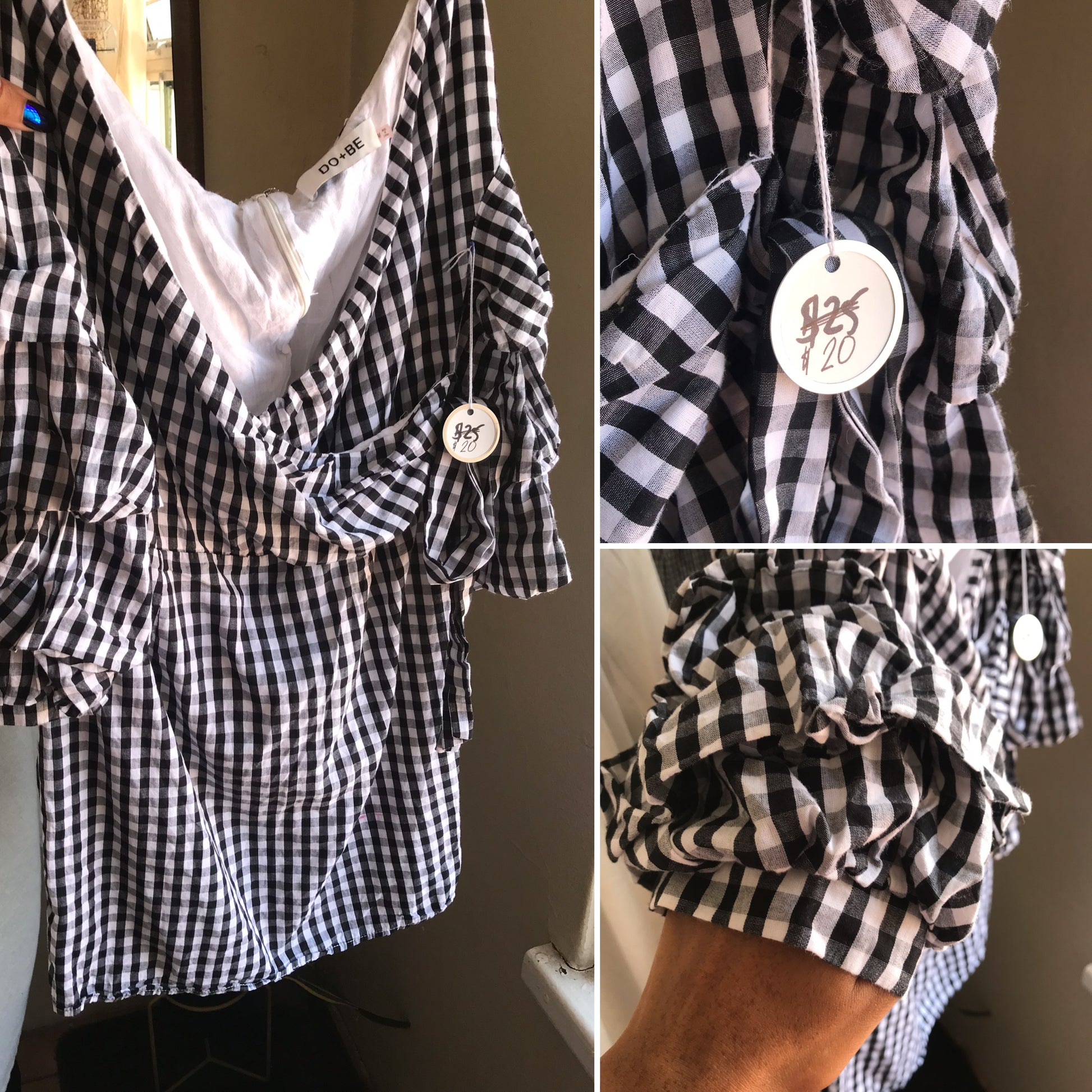 New Tag b&w plaid 100% cotton mini dress puff ruffle sleeve ,,, m