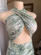 Load image into Gallery viewer, Green snake print tie mini dress says s
