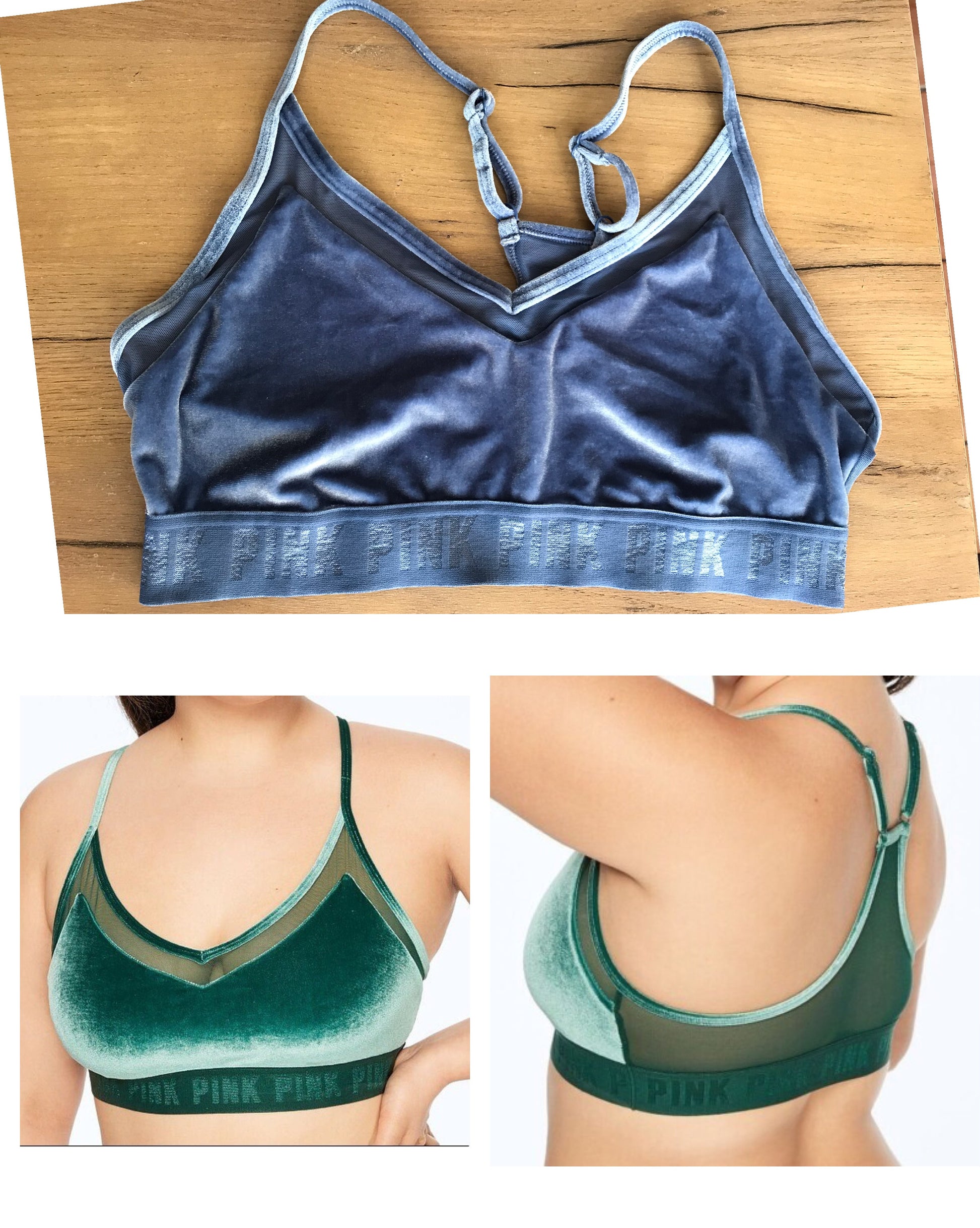 victoria's secret pink velvet blue sport bra mesh detail