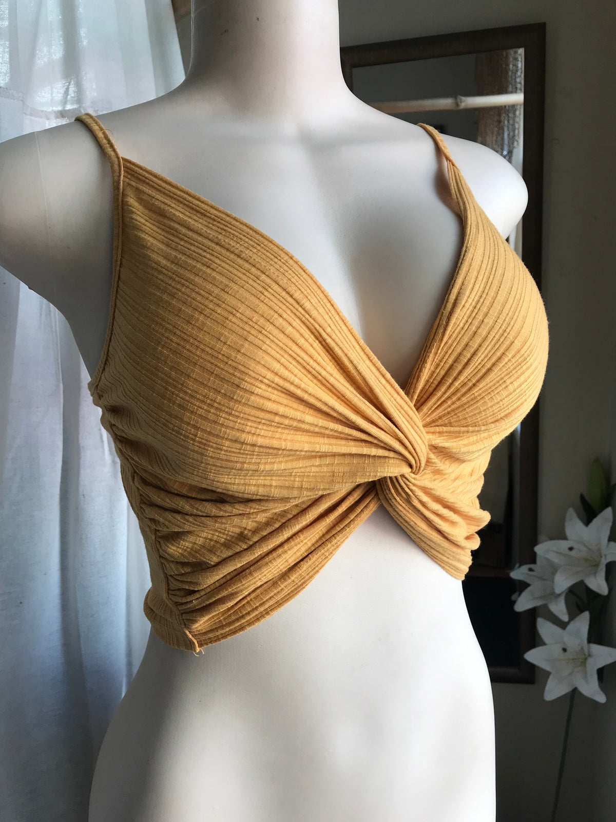 yellow knot crop spaghetti top
