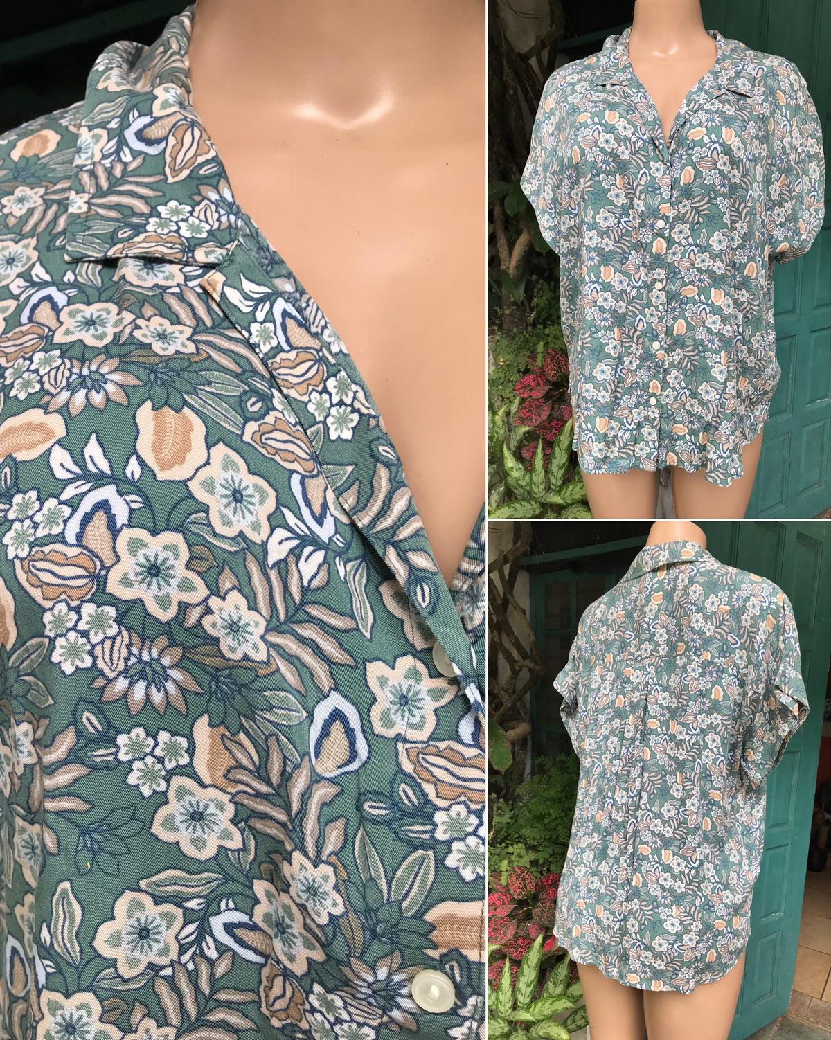 Vintage sage green floral button shirt... L - /XL ^^^